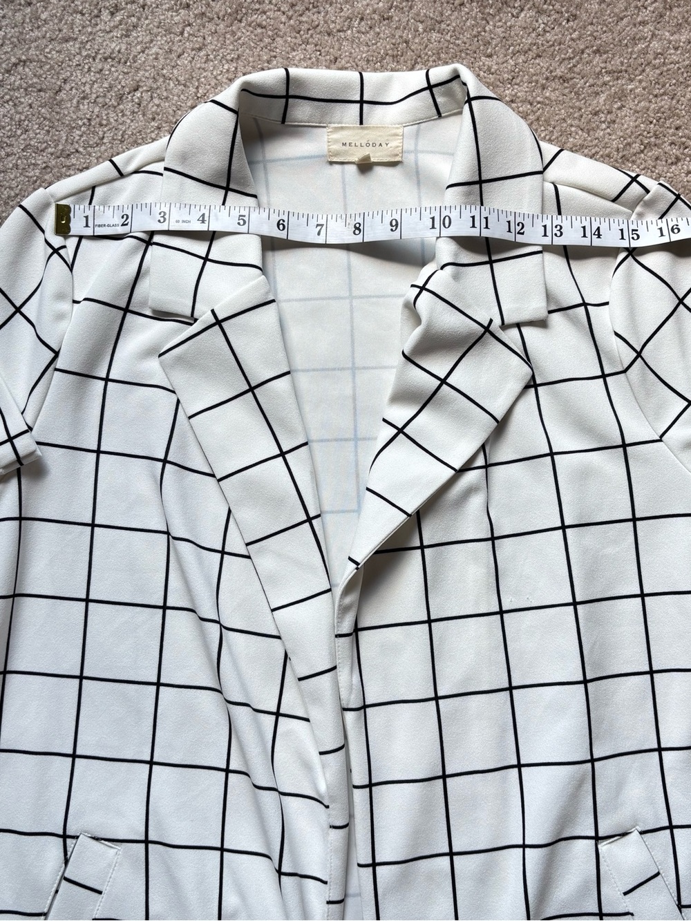 MELLODAY Black & Off White Plaid Long Trench Style Blazer - Picture 11 of 15